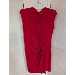 Michael Kors Red Midi Dress L Ruched V Neck Sheath Cocktail Wedding